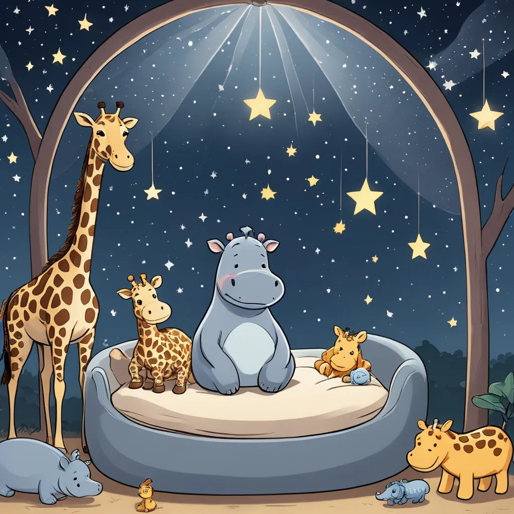 a group of animals that are sitting on a bed together in the night sky with stars and a light, space art, a storybook illustration, Abidin Dino, storybook illustration