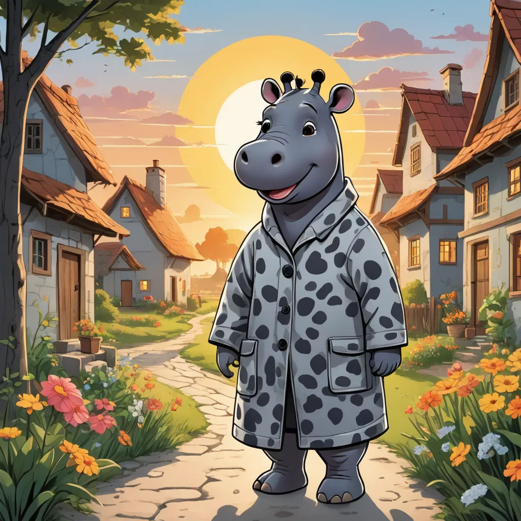 a cartoon hippo standing in a village with a sunset in the background and a house with a giraffe on the sidewalk, furry art, a storybook illustration, Clovis Trouille, promotional image