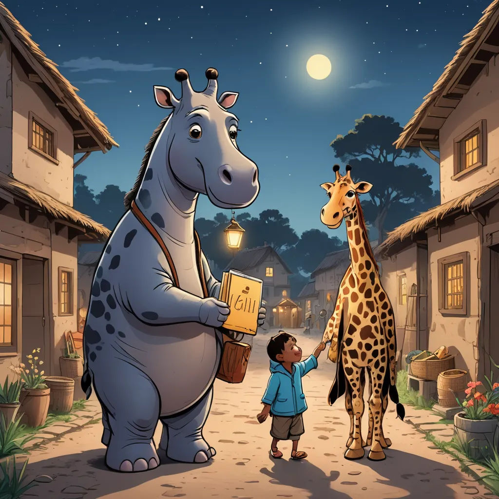 a child is standing next to a giraffe and a giraffe is holding a box with a number on it, magical realism, a storybook illustration, Chris LaBrooy, storybook illustration