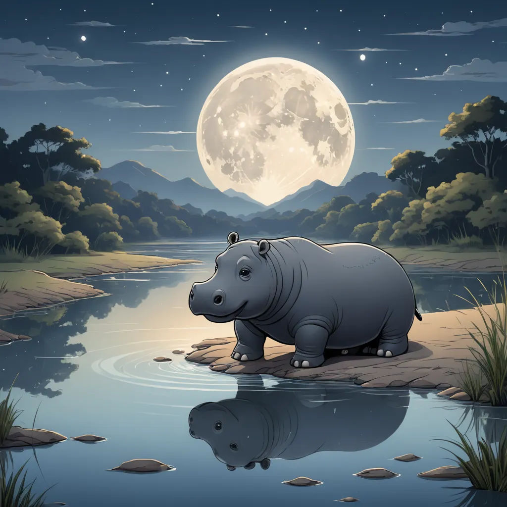 a hippo standing on a rock in the water at night with the moon in the sky above it, fantasy art, a storybook illustration, Chris LaBrooy, storybook illustration