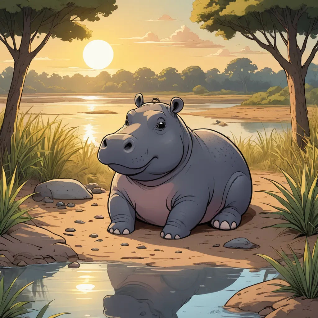 a hippo sitting on the ground next to a river at sunset or dawn with trees and grass around, sots art, a storybook illustration, Chris LaBrooy, official art