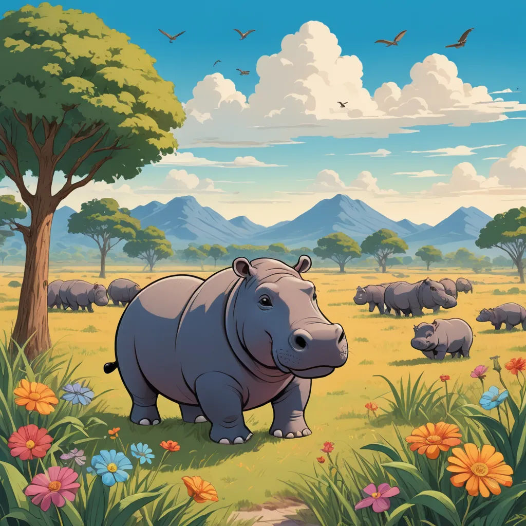 a hippo standing in a field with flowers and trees in the background and birds flying overhead in the sky, environmental art, a storybook illustration, Chris LaBrooy, official art
