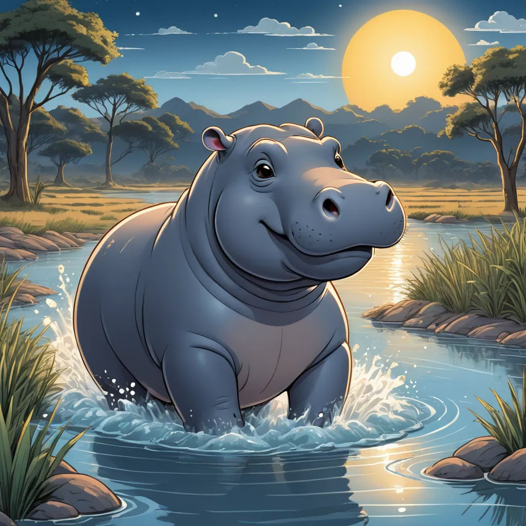 a hippo is standing in a river at night time with the sun in the background and trees and grass, sots art, a storybook illustration, Chris LaBrooy, storybook illustration