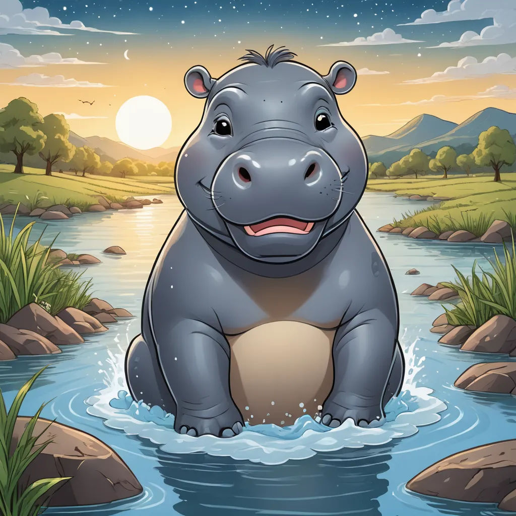 a hippo is sitting in the water at sunset or dawn, with a smile on his face and mouth, sots art, a storybook illustration, Andries Stock, storybook illustration