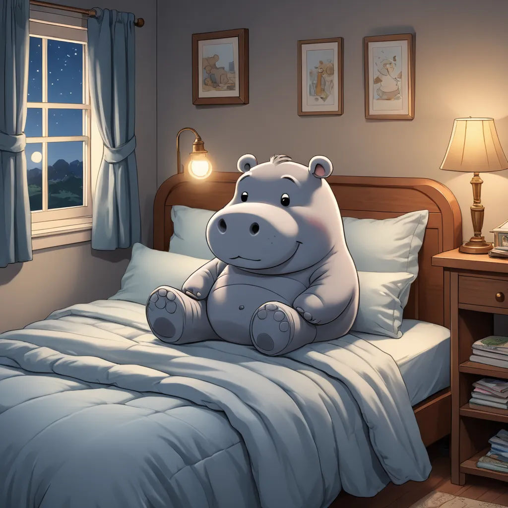 a cartoon hippo sitting on a bed in a bedroom with a night light on the nightstand and a night lamp on the nightstand, furry art, a storybook illustration, Chris LaBrooy, official art