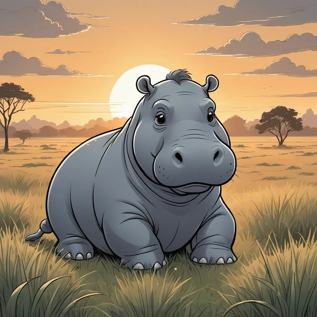a hippo sitting in a field with a sunset in the background and clouds in the sky above it, furry art, a character portrait, Amédée Ozenfant, trending on furaffinity