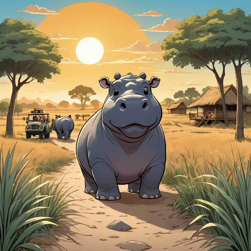 a hippo standing on a dirt road in front of a sunset with a safari vehicle in the background, private press, a storybook illustration, Chris LaBrooy, comic cover art