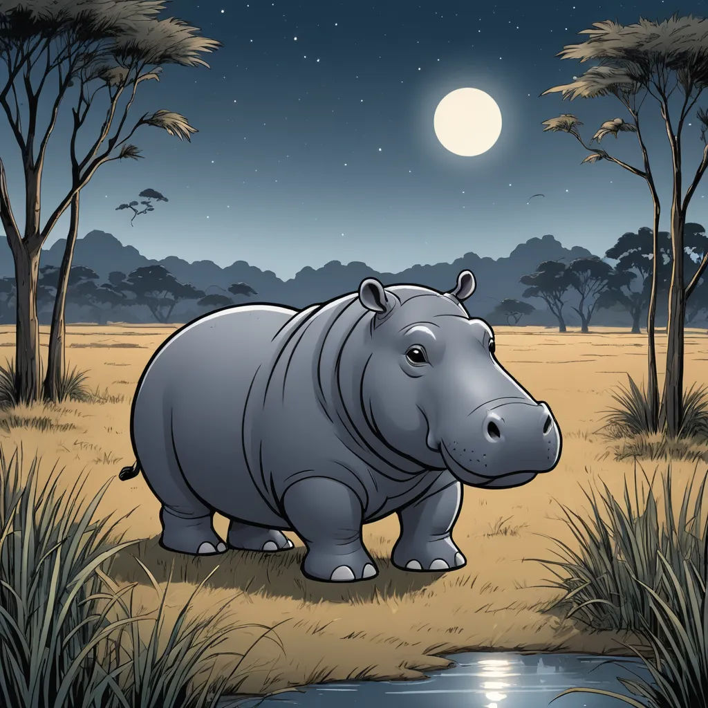 a hippo standing in a field next to a pond at night with a full moon in the background, furry art, a storybook illustration, Amédée Ozenfant, storybook illustration