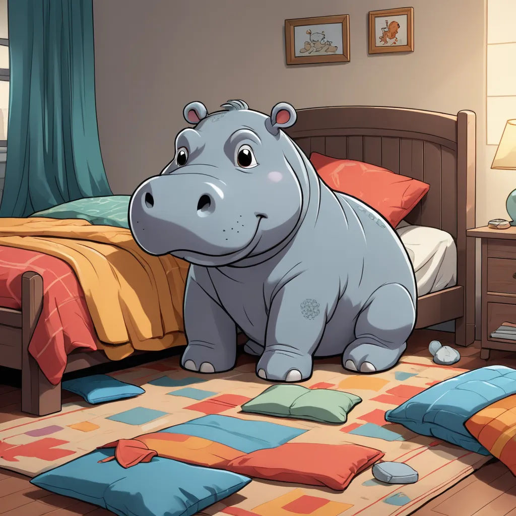 a hippo sitting on a bed in a bedroom with a rug on the floor and a lamp on the nightstand, furry art, a storybook illustration, Cedric Seaut (Keos Masons), furaffinity