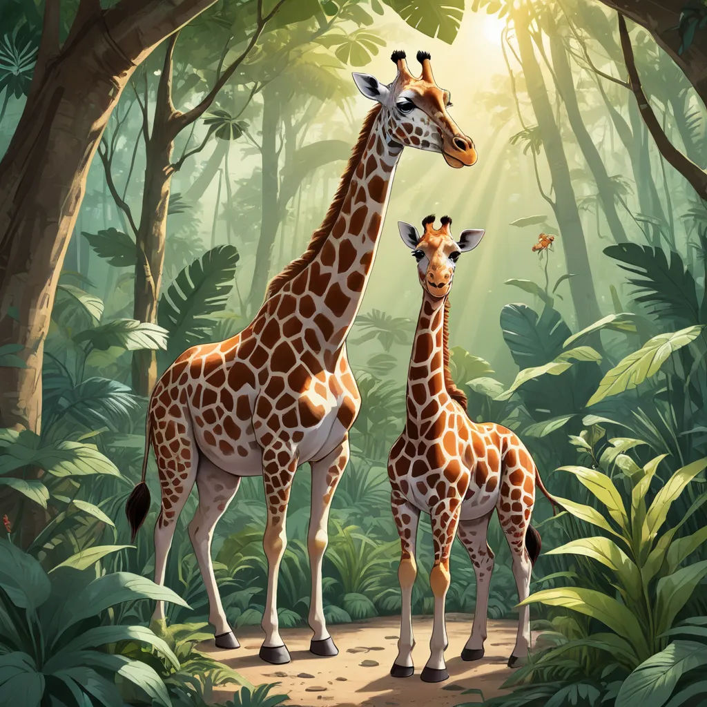 a couple of giraffe standing next to each other in a forest filled with trees and plants and a butterfly, naturalism, a storybook illustration, Chris LaBrooy, highly detailed digital painting