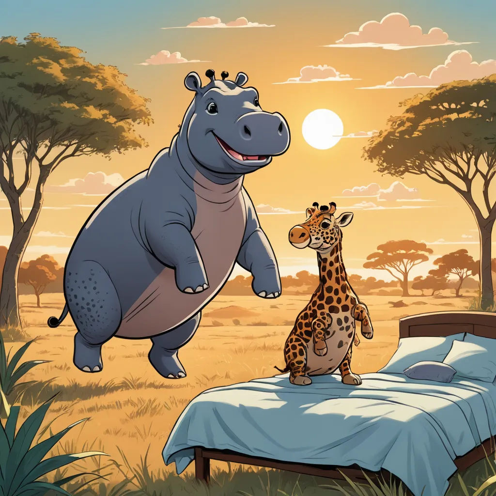 a hippo and a giraffe are standing on a bed in a field with trees and a sunset, private press, a storybook illustration, Chris LaBrooy, storybook illustration