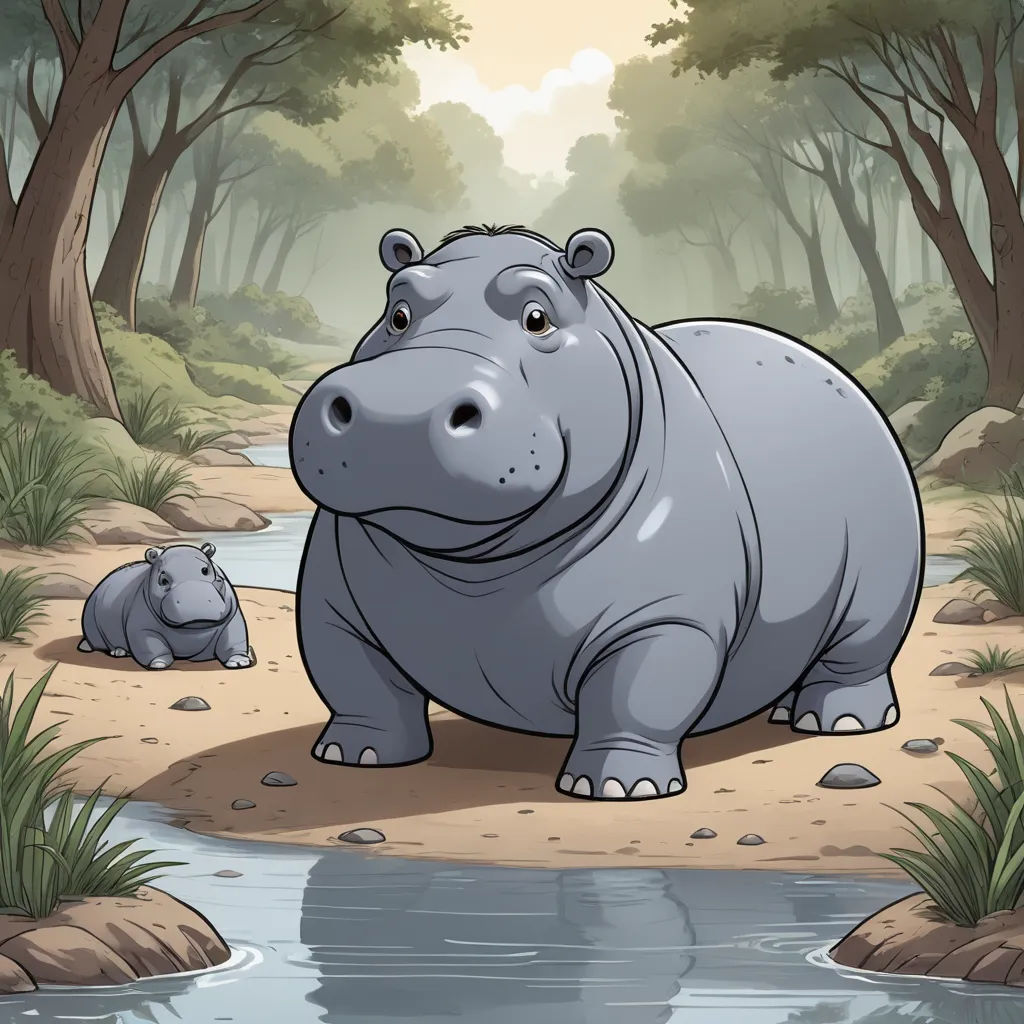 a hippo and her baby are standing in the water near the trees and rocks in the forest,, lyco art, a storybook illustration, Amédée Ozenfant, storybook illustration