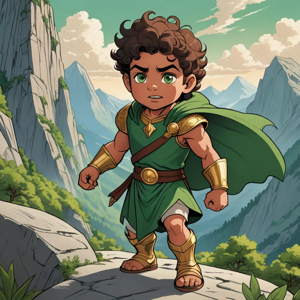 a cartoon of a man in a green outfit and a green cape walking on a mountain top with a mountain in the background, fantasy art, concept art, Altoon Sultan, official art