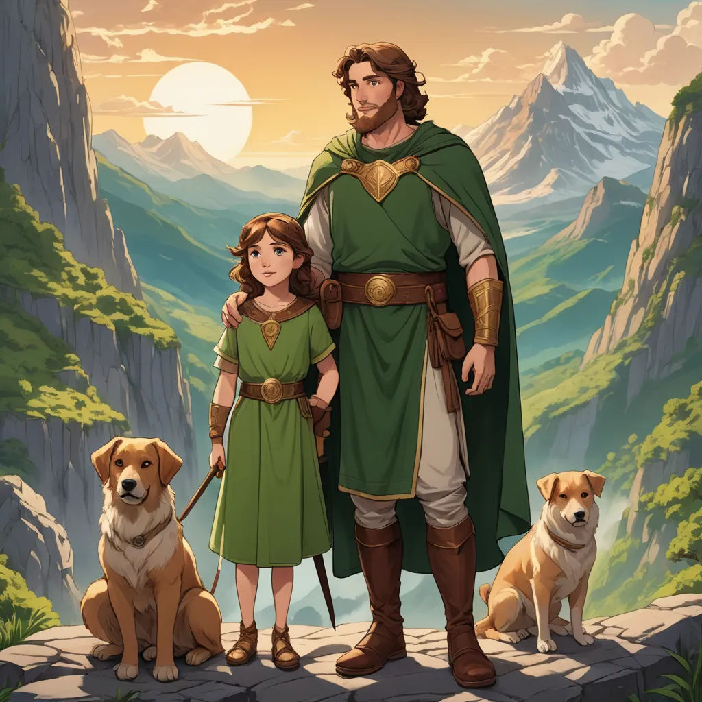a man and a woman standing next to a dog on a mountain top with a mountain in the background, fantasy art, a storybook illustration, Brothers Hildebrandt, official art