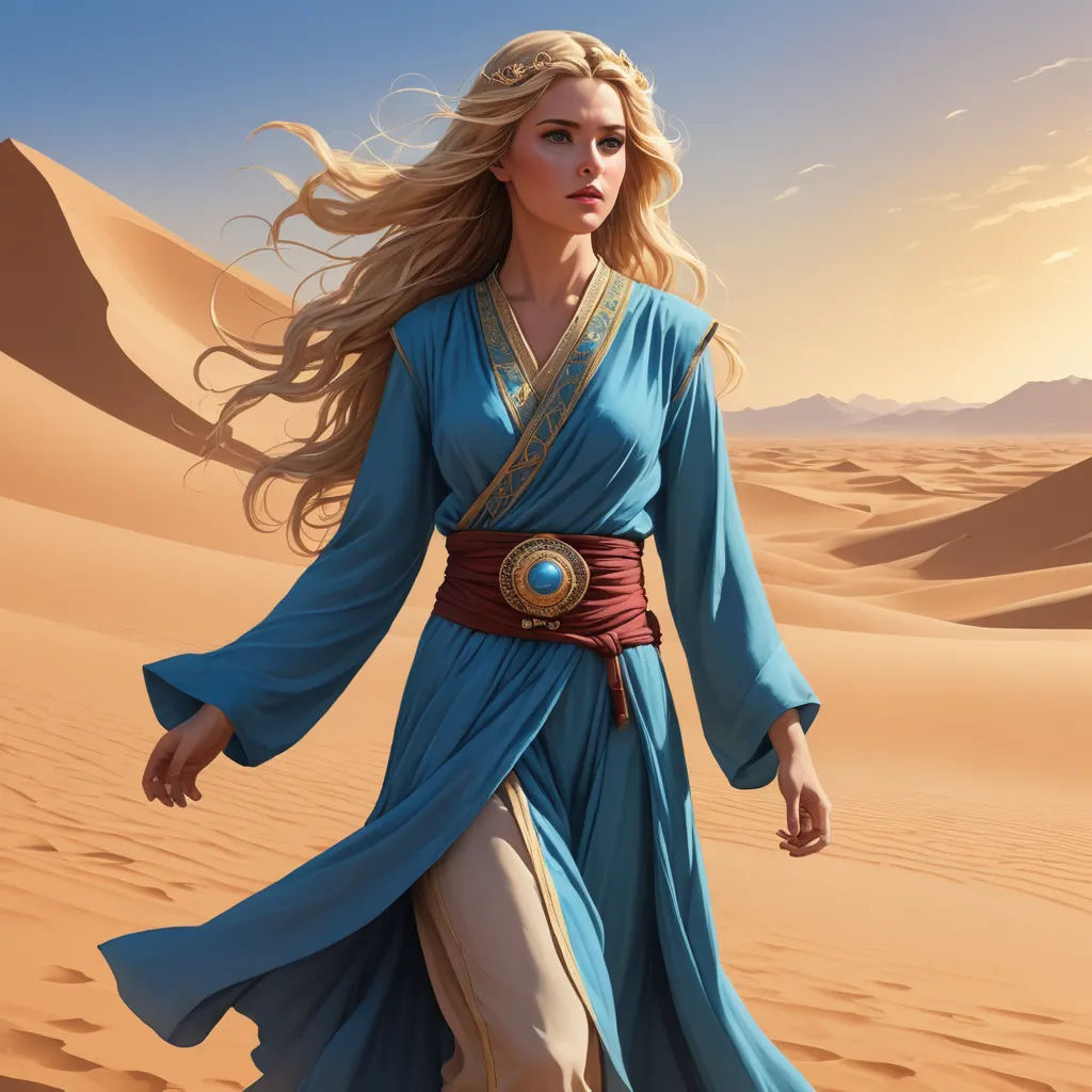 a woman in a blue dress walking across a desert area with sand dunes in the background and a sky background, fantasy art, concept art, Charlie Bowater, magic the gathering artwork