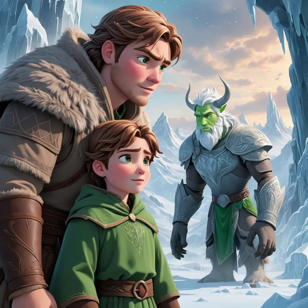 a man and a boy are standing in front of a mountain with a green troll and a green troll, sots art, a poster, disney, official art