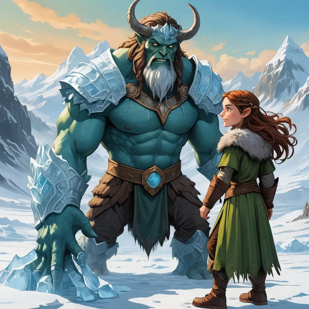 a woman standing next to a giant troll in the snow with a man in a green dress and a beard, fantasy art, concept art, Brom, magic the gathering artwork