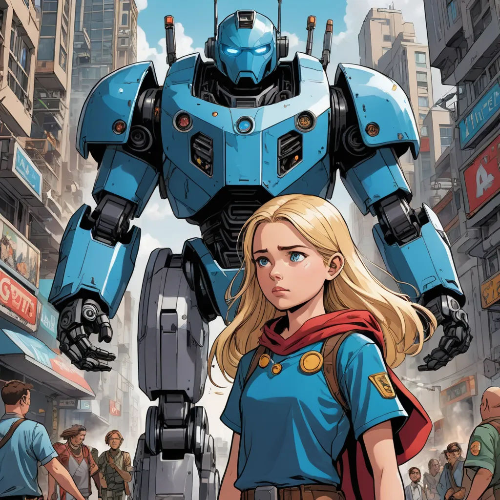a woman standing next to a giant robot in a city with people walking around it and a man in a red cape, process art, a comic book panel, Anson Maddocks, comic cover art