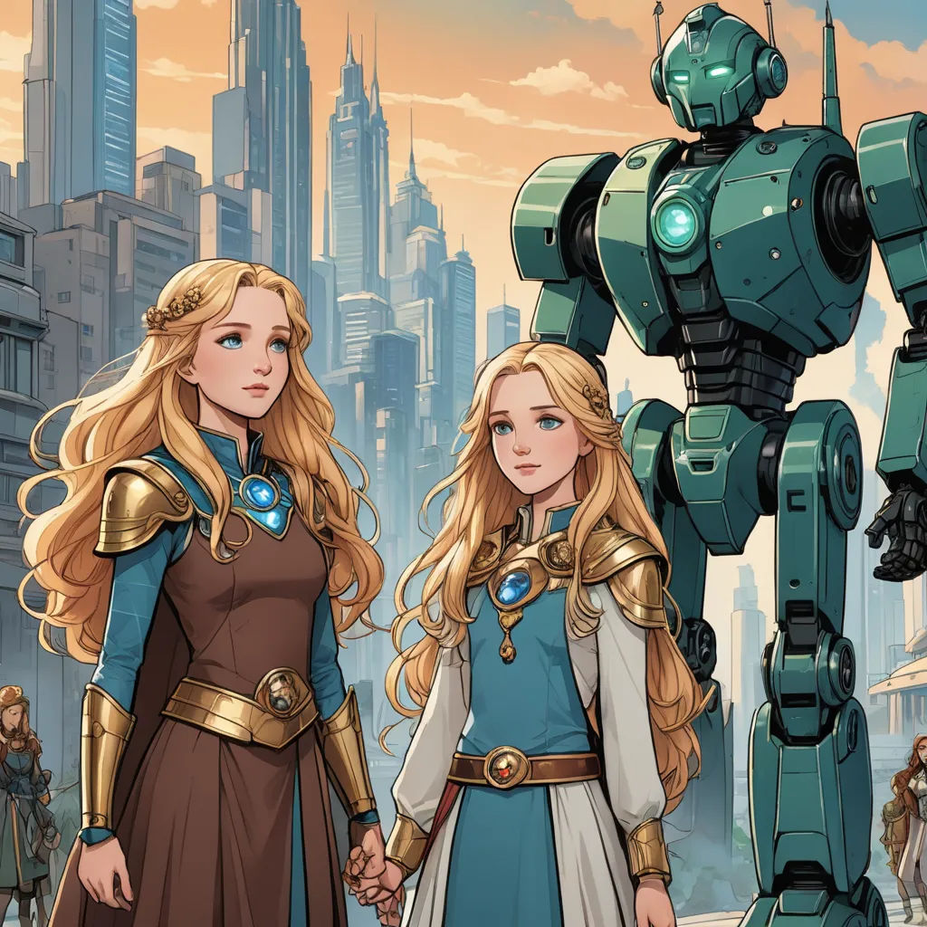 a couple of women standing next to each other in front of a robot robot and cityscape in the background, antipodeans, a comic book panel, Clint Cearley, rossdraws global illumination