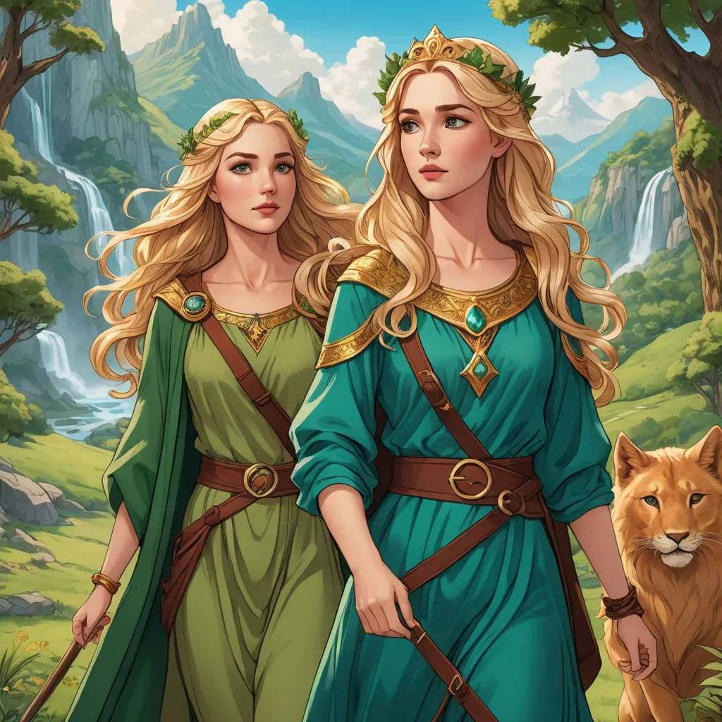 two women in green dresses are walking through a forest with a lion and a mountain in the background, with a waterfall in the background, fantasy art, a storybook illustration, Brothers Hildebrandt, fantasy illustration