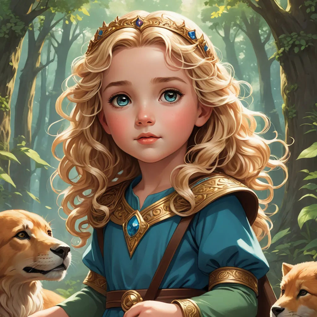 a painting of a girl with blonde hair and a blue dress with a golden crown and a dog in front of her, fantasy art, a storybook illustration, Charlie Bowater, trending on art station