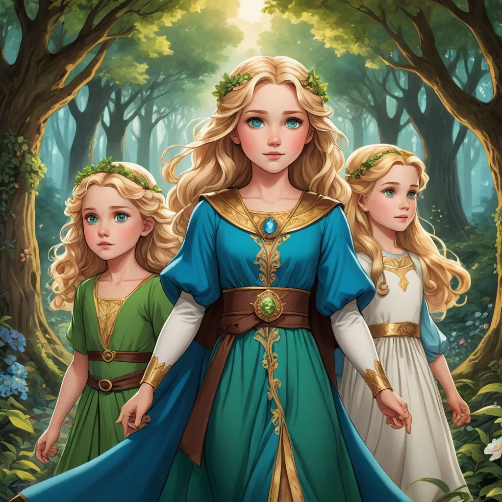 a painting of two girls in a forest with trees and flowers in the background, one of them is wearing a blue dress, fantasy art, a storybook illustration, Caroline Lucy Scott, official art