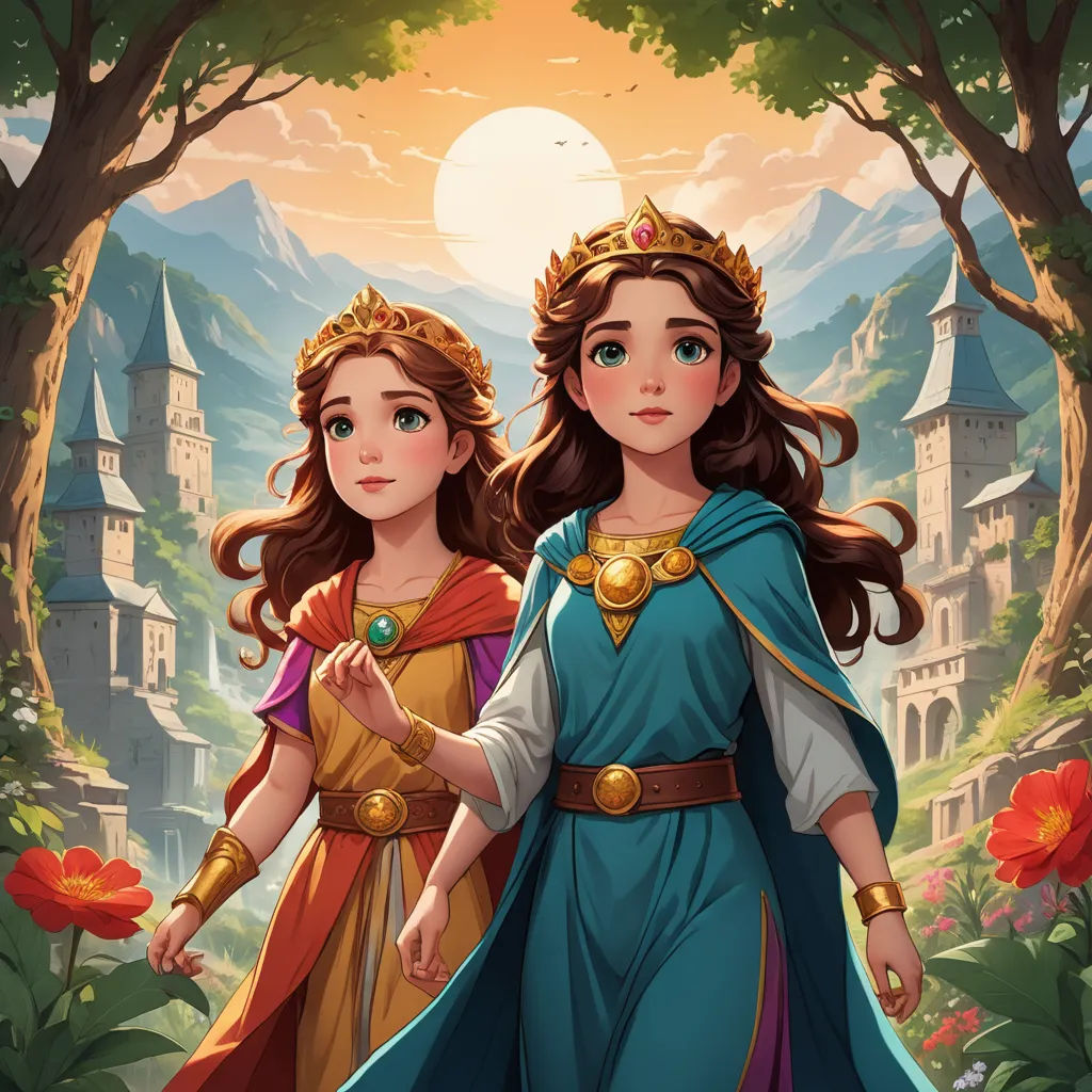two girls in medieval dress standing in front of a castle with a sun in the background and a castle in the background, fantasy art, a storybook illustration, Cyril Rolando, trending on art station