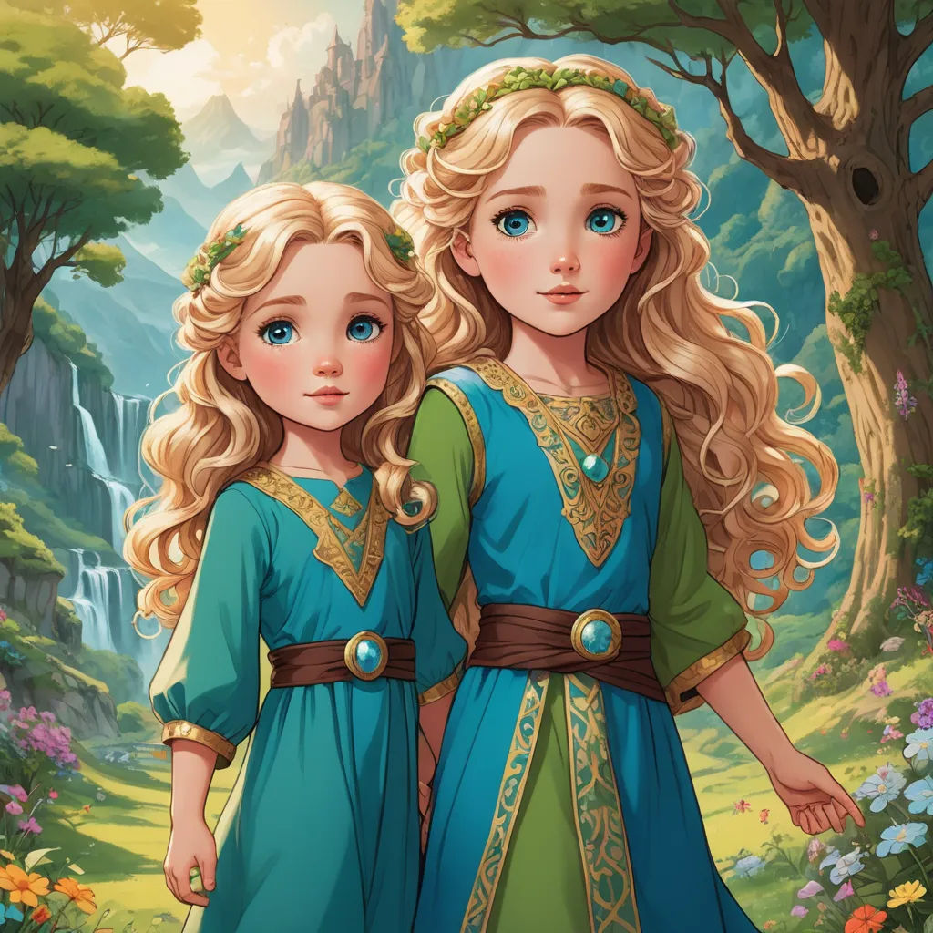 two girls in blue dresses standing in a forest with a waterfall in the background and a waterfall in the background, fantasy art, a storybook illustration, Brothers Hildebrandt, trending on art station