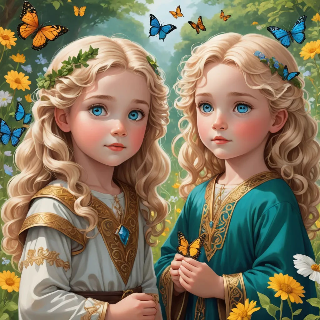 two little girls standing next to each other in a field of flowers and butterflies with butterflies flying around them, fantasy art, a detailed painting, Brothers Hildebrandt, trending on art station