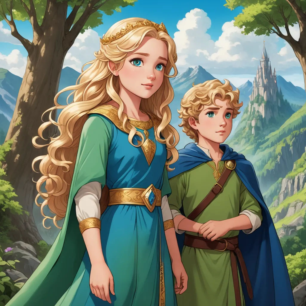 a young blonde haired girl standing next to a young blonde haired boy in a forest with mountains in the background, fantasy art, a storybook illustration, Brothers Hildebrandt, official art