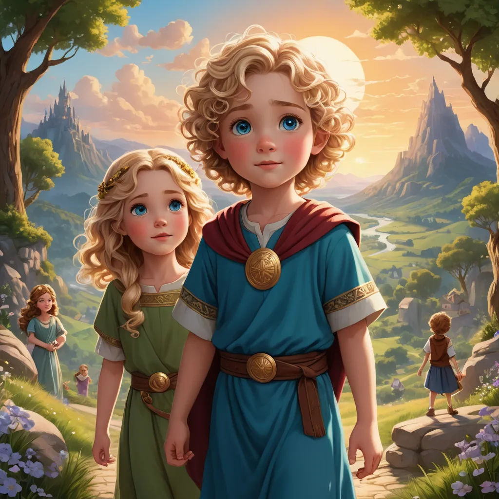 a painting of two children in a forest with a mountain in the background and a sun shining through the clouds, fantasy art, a storybook illustration, Brothers Hildebrandt, official art