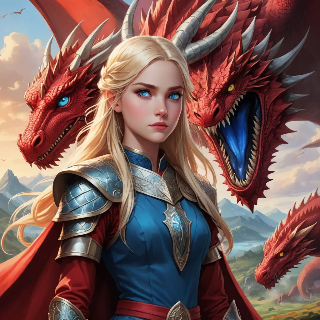 a woman in a blue dress with a dragon on her shoulder and a red dragon on her shoulder, standing in front of a mountain, fantasy art, a detailed painting, Artgerm, epic fantasy character art