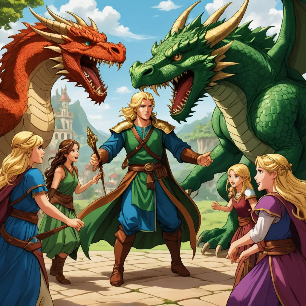 a group of people standing around a dragon and a man in a green outfit and a woman in a blue dress, fantasy art, a storybook illustration, Brothers Hildebrandt, dragon art