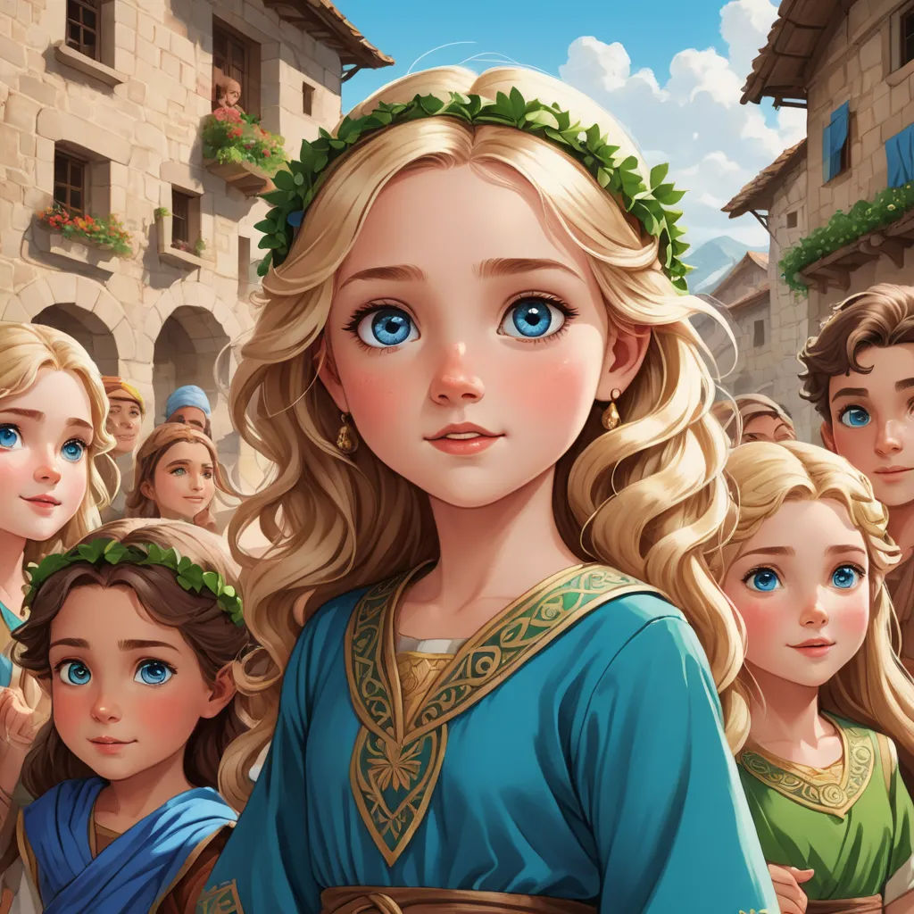 a painting of a girl in a green dress surrounded by other girls in a village with a castle in the background, fantasy art, a storybook illustration, disney, official art