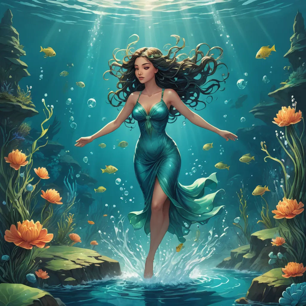 a woman in a green dress is standing in the water with her hair blowing in the wind and fish around her, fantasy art, a detailed painting, Cyril Rolando, highly detailed digital painting