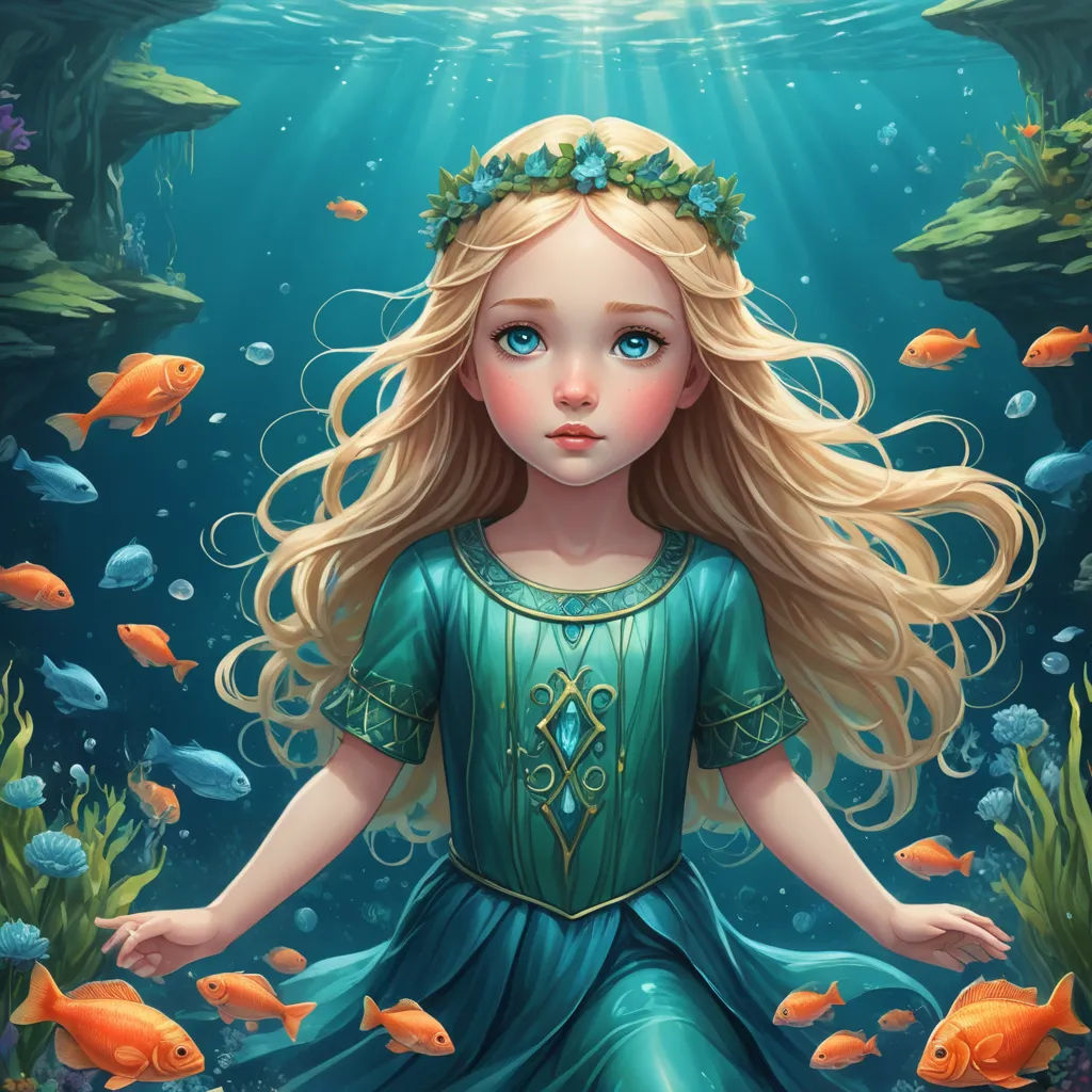 a girl in a blue dress standing under water with goldfishs and a starfish in her hair, fantasy art, a storybook illustration, Charlie Bowater, trending on art station