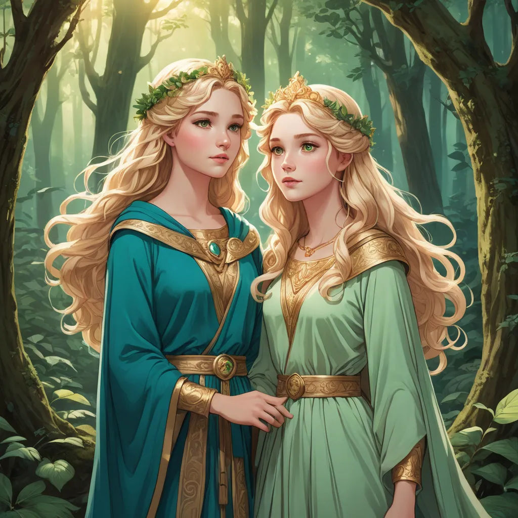 two women in green dresses standing in a forest with trees and leaves around them, one of them is wearing a crown, fantasy art, a storybook illustration, Charlie Bowater, official art