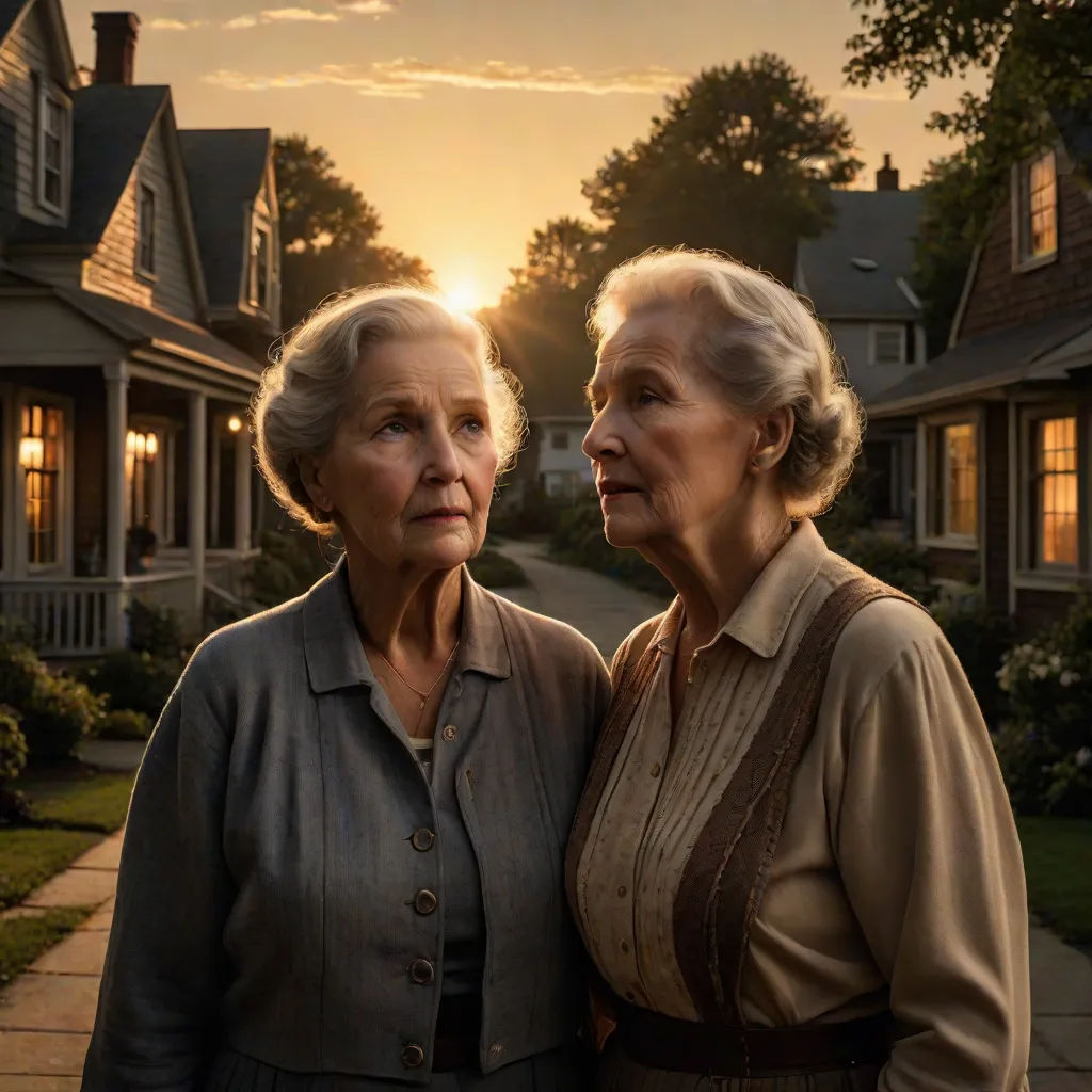 two women standing in front of a house at sunset with the sun setting behind them and the house in the background, Elinor Proby Adams, american scene painting, a detailed matte painting, promotional image