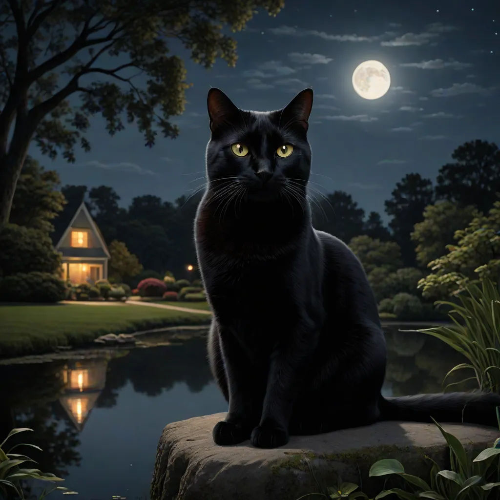 a black cat sitting on a rock in front of a pond at night with a full moon in the sky, Carlos Catasse, gothic art, a photorealistic painting, dark night