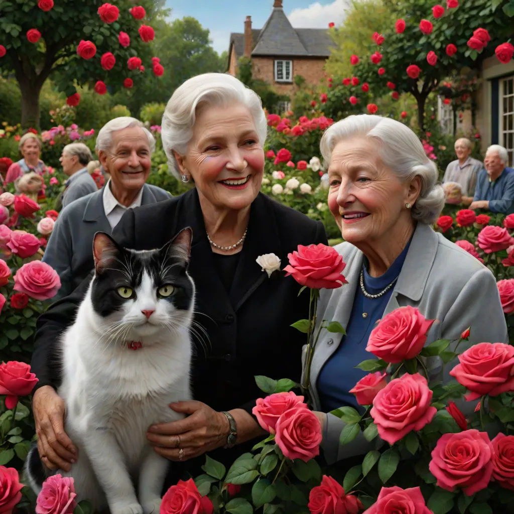 a couple of women standing next to a cat in a field of roses with roses around them and a house in the background, Constance Copeman, photorealism, a photorealistic painting, award - winning photography
