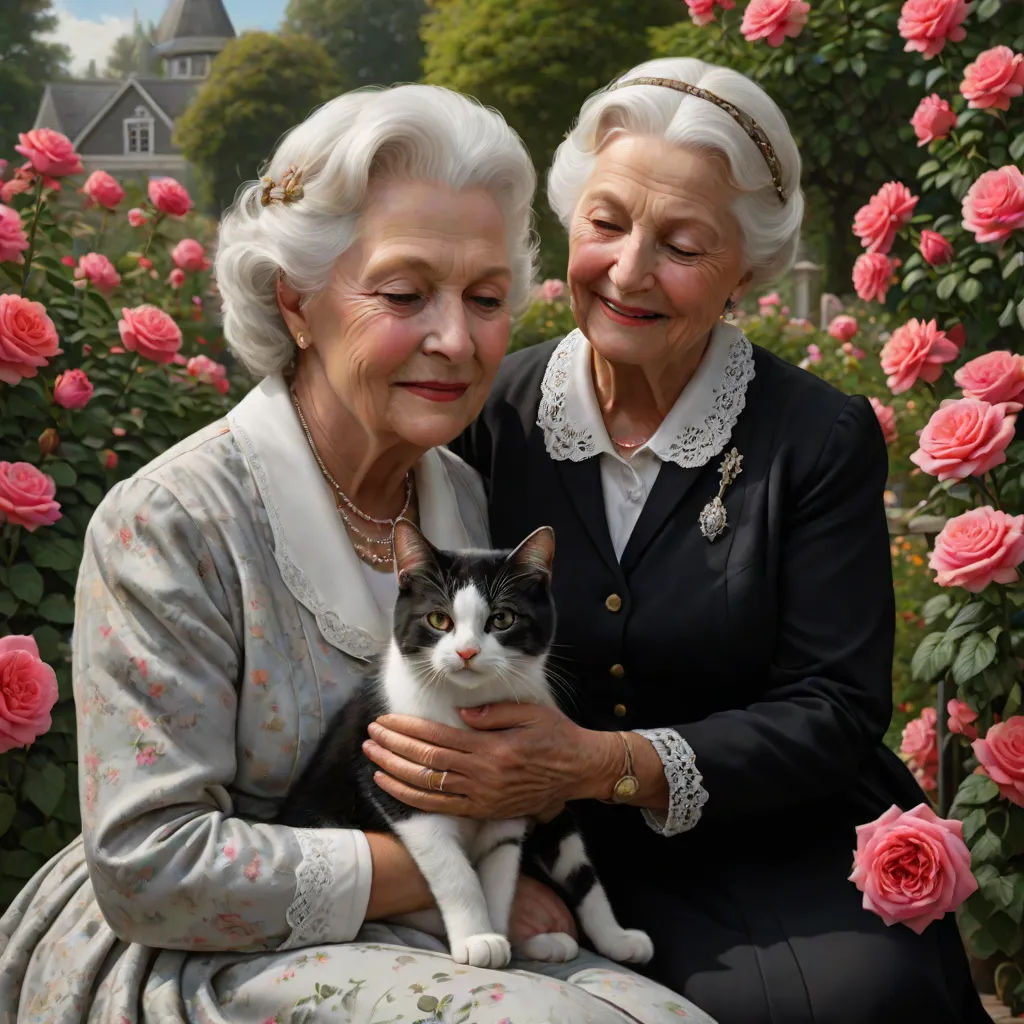 a painting of two women sitting next to each other holding a cat in their lap and a cat on their lap, Bob Byerley, classical realism, a hyperrealistic painting, highly detailed oil painting