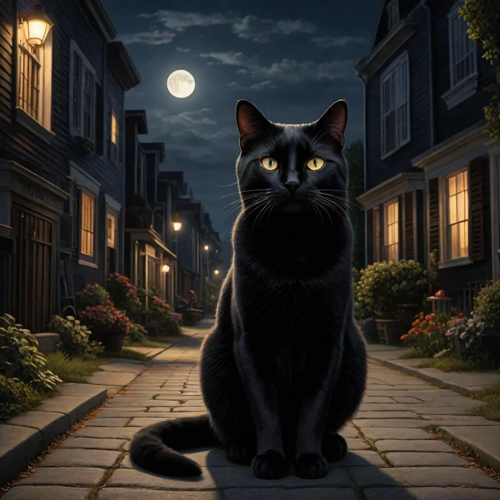 a black cat sitting on a sidewalk in front of a full moon and a street light at night with a full moon in the background, Evgeny Lushpin, gothic art, a storybook illustration, dark background