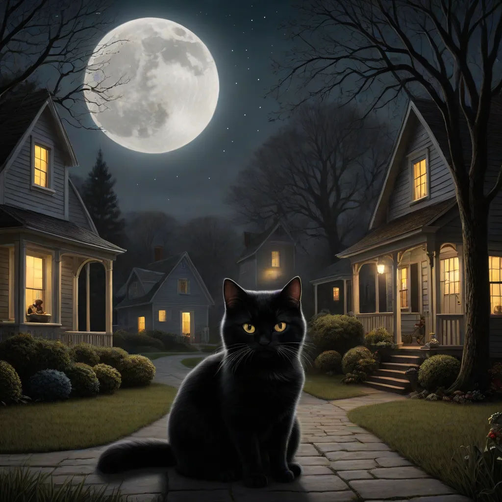 a black cat sitting on a sidewalk in front of a house at night with a full moon in the background, Evgeny Lushpin, gothic art, a storybook illustration, dark night