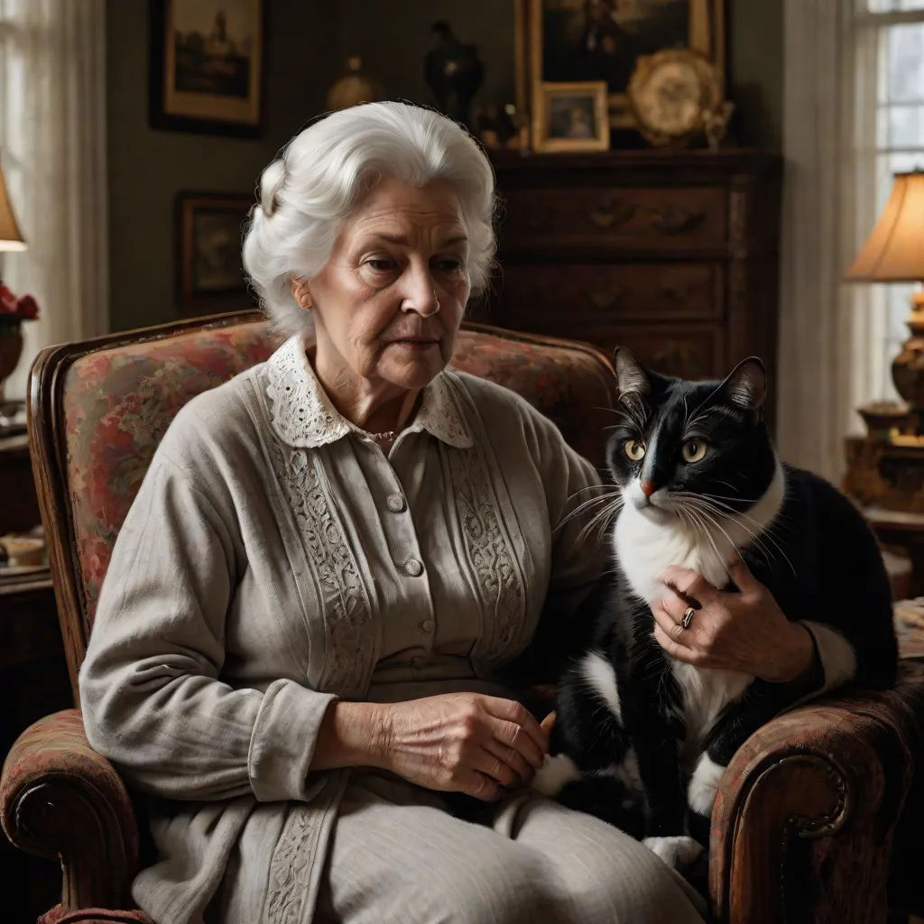 a woman sitting in a chair with a cat on her lap and a lamp on the side of the chair, Elinor Proby Adams, american scene painting, a character portrait, promotional image