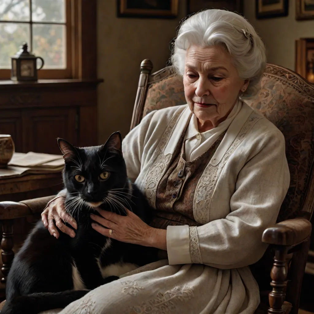 a woman sitting in a chair holding a black cat in her lap and a cup of coffee in the background, Ancell Stronach, arts and crafts movement, a photorealistic painting, promotional image