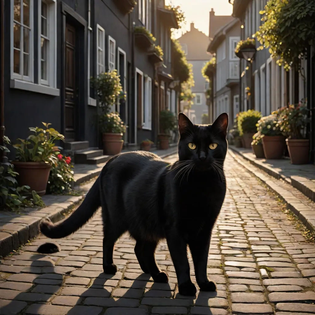 a black cat walking down a cobblestone street in a city at sunset or dawn with the sun shining on the buildings, Evgeny Lushpin, art photography, a matte painting, award - winning photography