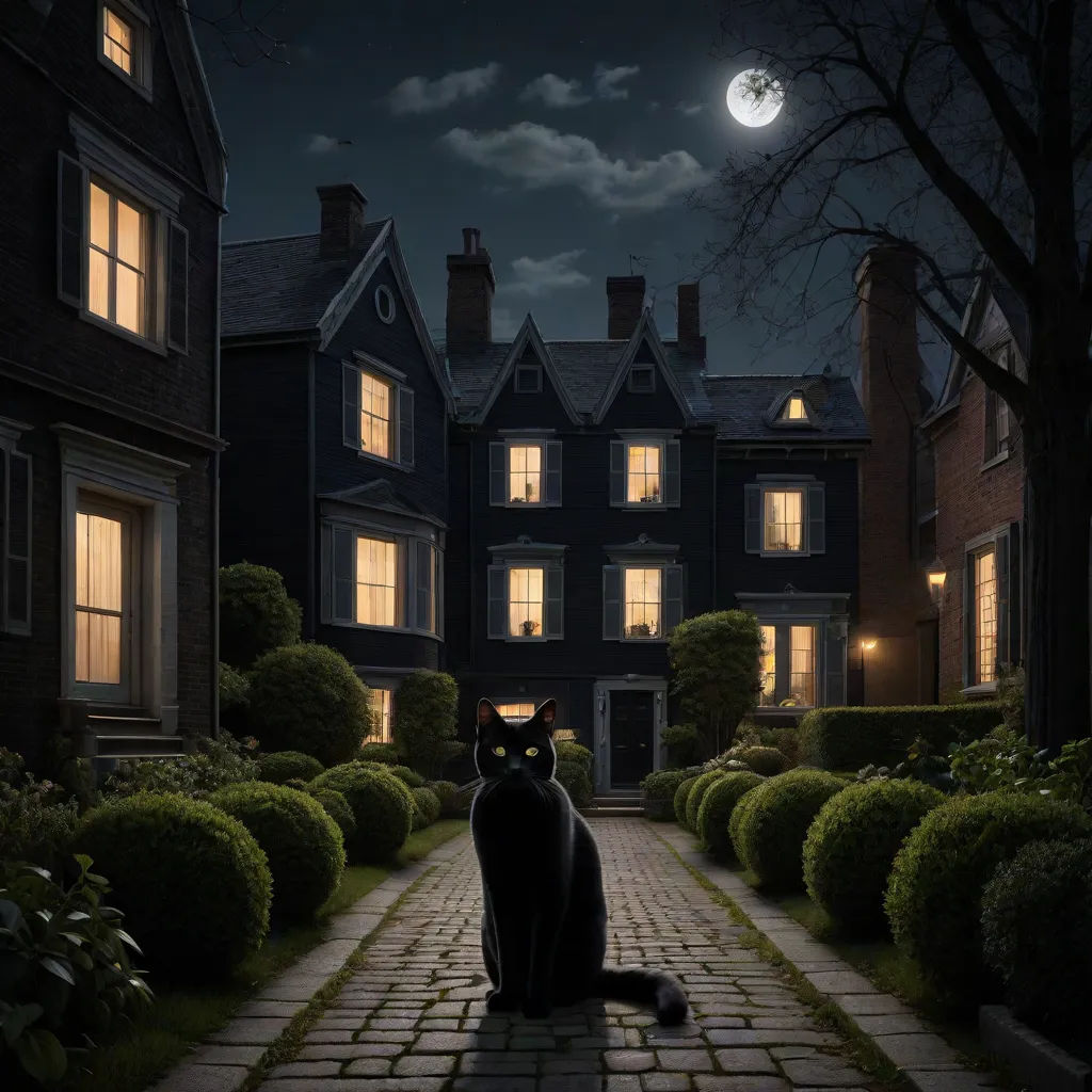a black cat sitting on a brick walkway in front of a house at night with the moon in the sky, Evgeny Lushpin, gothic art, a detailed matte painting, dark background