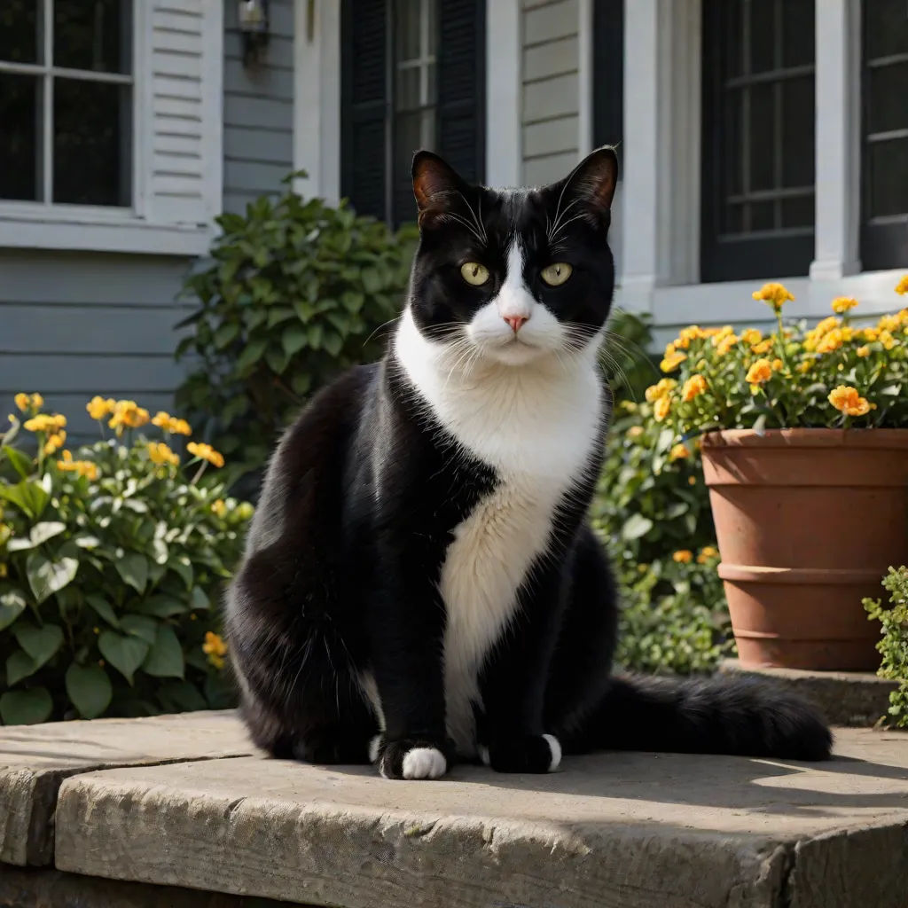 a black and white cat sitting on a stone step in front of a house with flowers in the background, Felix Octavius Carr Darley, american impressionism, a photorealistic painting, tone mapping