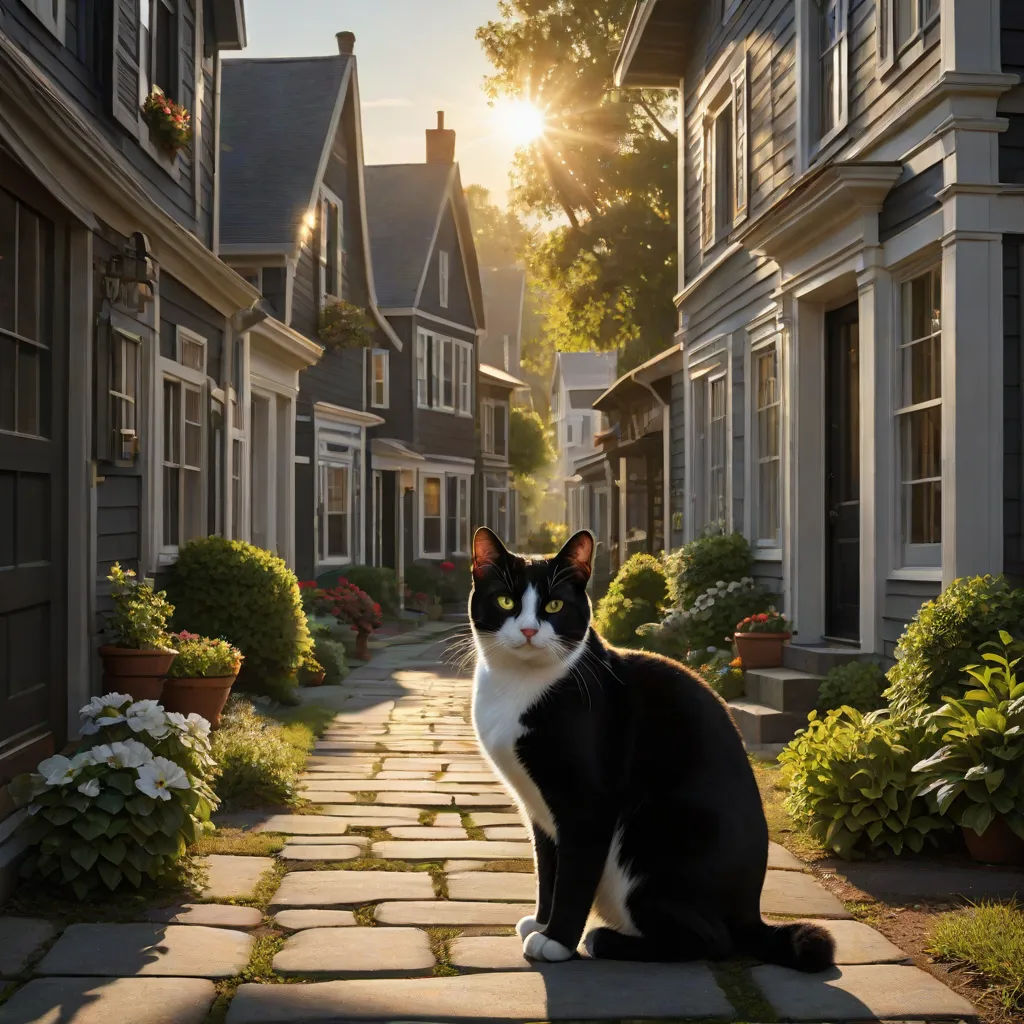 a black and white cat sitting on a cobblestone walkway in front of a row of houses with the sun shining through the windows, Evgeny Lushpin, american scene painting, a detailed matte painting, award - winning photography