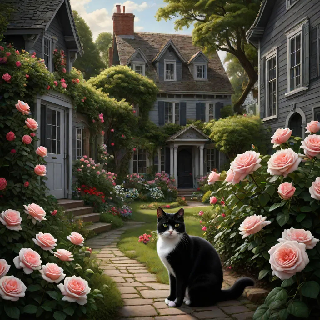 a cat sitting in a garden with roses in the background and a house in the background with roses in the foreground, Chris LaBrooy, gothic art, a detailed matte painting, kinkade